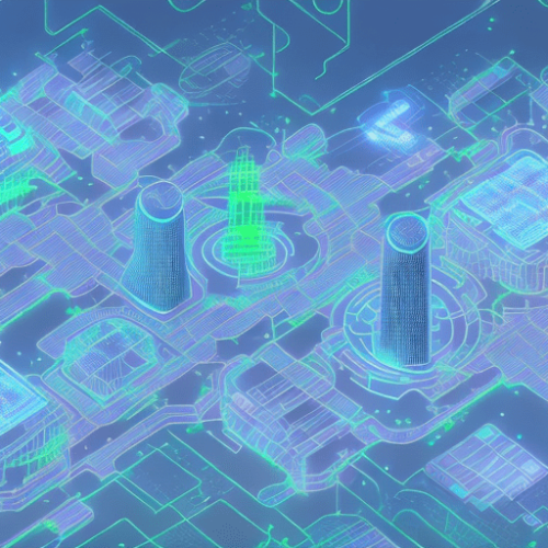 A futuristic cityscape with startup buildings being powered and interconnected by artificial intelligence represented by glowing circuits and data streams